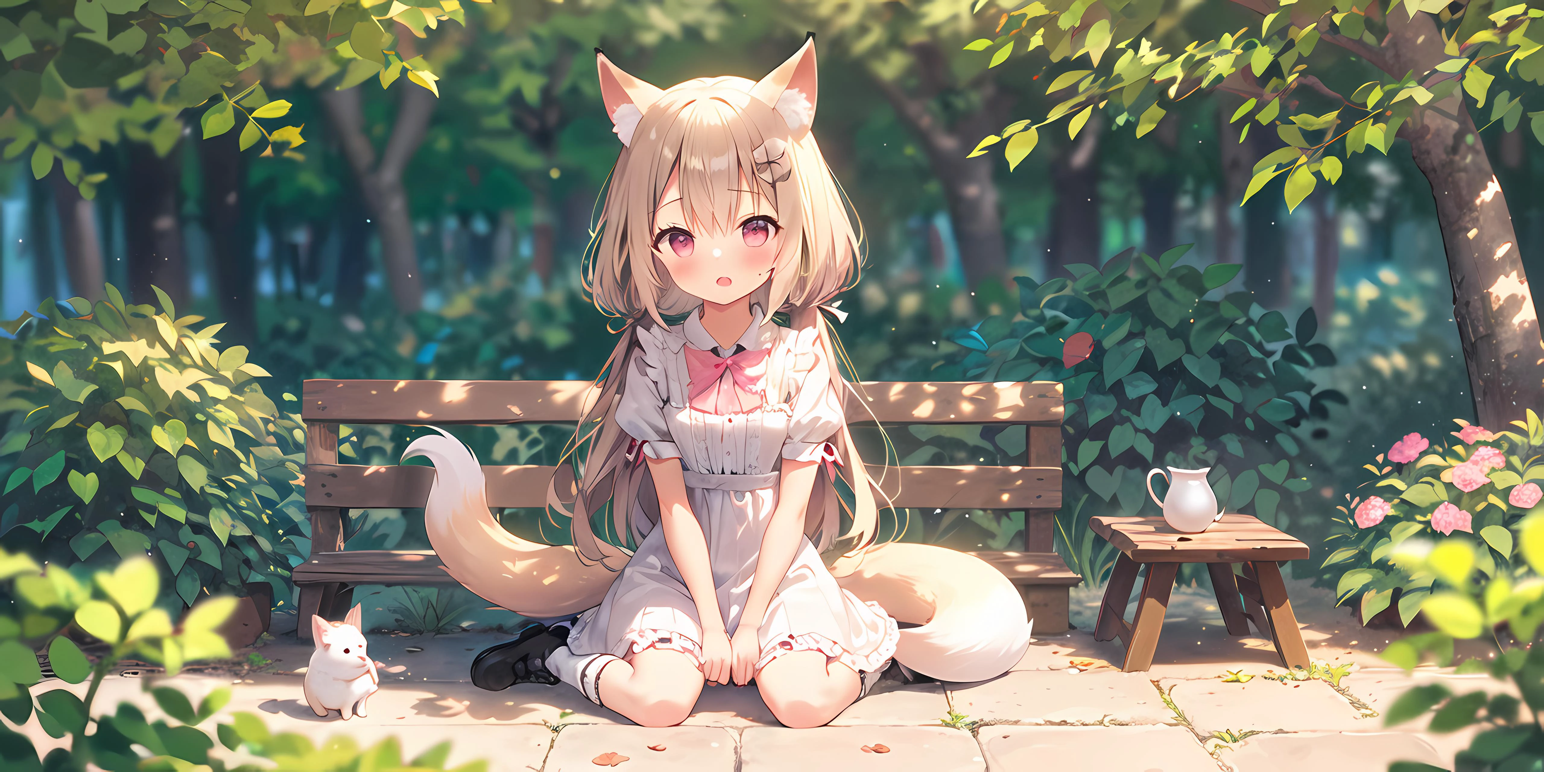 1girl,dag ears,fox tail,(li:1.5),white dress,socks,(ribbon tied ankle|pink),Sit on the bed,