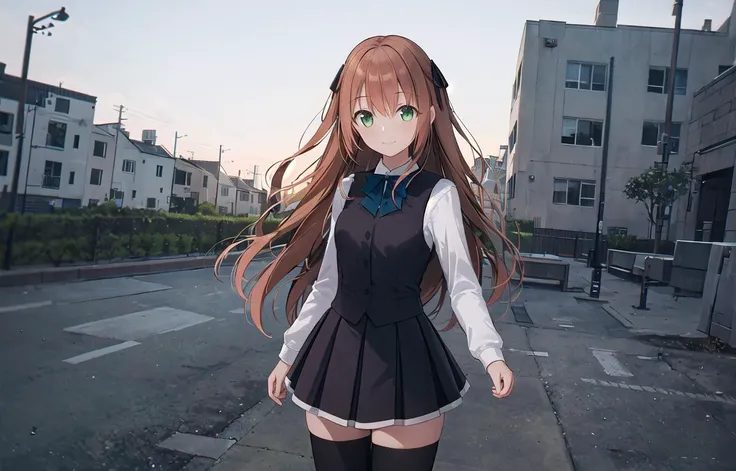 offcial art,1girl, long hair, solo, looking at viewer, standing,smile,green eyes, black thighhighs, black vest,hair ribbon, liu_,building,smile, (dutch angle:0.8), closed mouth,outdoors,city,looking away,high contrast,highres,
<lora:liu_4-000016 :0.6>