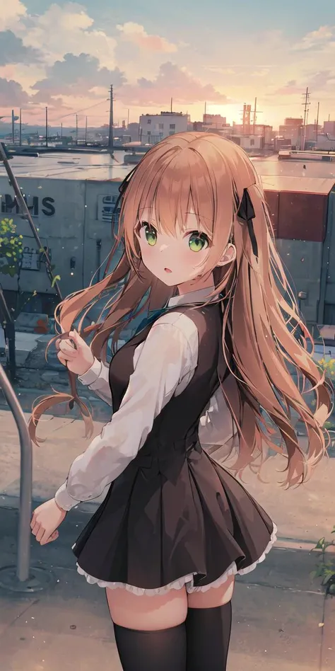 offcial art, highres, outdoors, city, cityscape, building, street, depth of field, lens flare, sunset, summer, backlighting, high contrast, close-up, from from side, looking back, (dutch angle:0.8), white cloud, 1girl, solo, looking back, standing, green eyes, black thighhighs, black vest, hair ribbon, long hair, detailed face, <lora:liu_4-000016 :0.6>