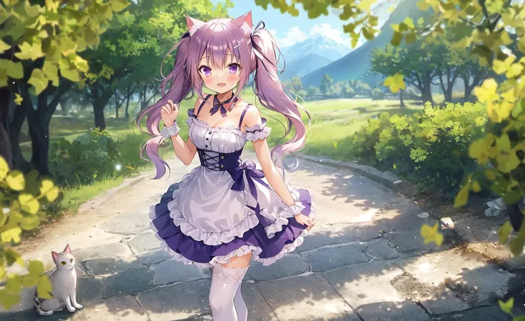 1girl,cat girl,mountain, sky, beautiful detailed sky, beautiful detailed background,standing, twintails, light purple hair, twintails,purple eyes, ribbon, cat ears, medium breasts, animal collar, frilled dress, blush, smile, parted lips, fang, white thighhighs, high heels,animal tail,lens flare, shiny hair