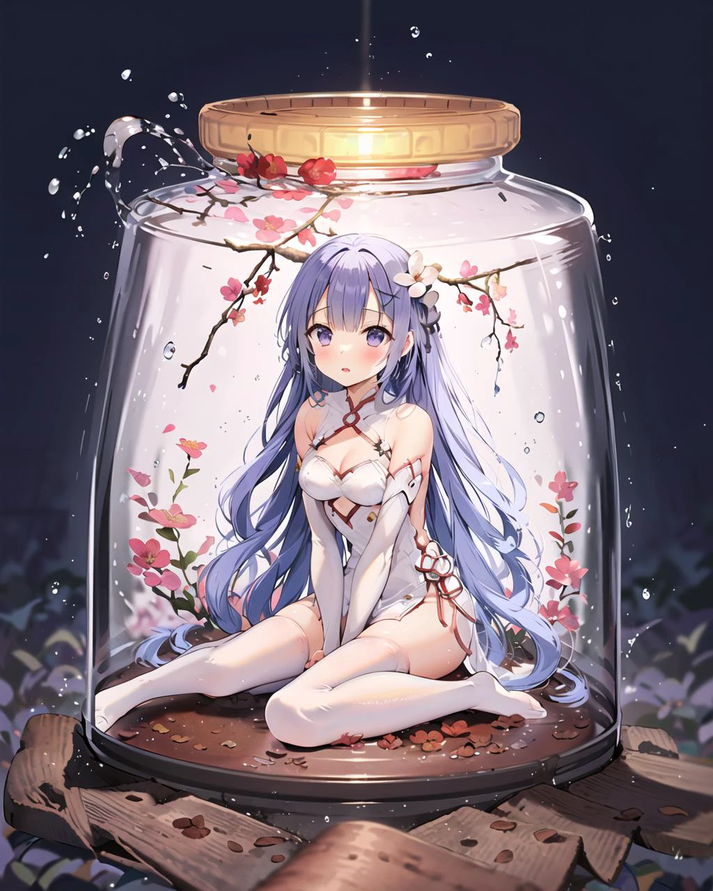 unicorn, 1girl,solo, (medium breasts:1.1), wariza, phgls, in container, bottle,submerged,white dress,(see-through dress:1.5),white detached sleeves,white criss-cross halter, (white thighhighs:1.5), hair ribbon, garden,flower, day,sunlight, <lyco:unicornAzurLane_v1:1.0>, <lora:bottle2-000026:0.8>