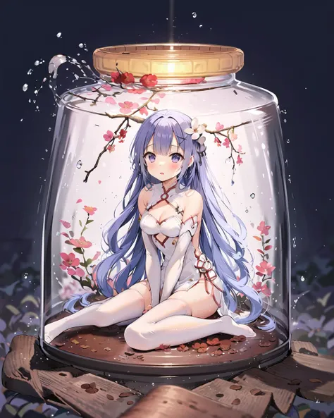 unicorn, 1girl,solo, (medium breasts:1.1), wariza, phgls, in container, bottle,submerged,white dress,(see-through dress:1.5),white detached sleeves,white criss-cross halter, (white thighhighs:1.5), hair ribbon, garden,flower, day,sunlight, <lyco:unicornAzurLane_v1:1.0>, <lora:bottle2-000026:0.8>