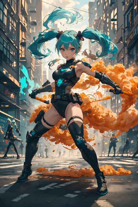 orange-smoke,swirling smoke,smoke everywhere,batman hatsune miku surrounded by smoke, 1girl,cute,aqua hair, twintails, bat symbol, body armor,leotard, zettai ryouiki,skindentation,solo, cyberpunk, full body,city street,fighting stance,night,<lora:Concept - Smokemancer:0.9>, (masterpiece, best quality)