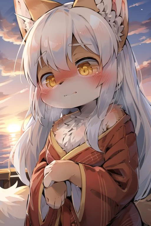 masterpiece, best quality, furry, kemono, art by dagasi, <lora:art_by_dagasi:0.6>, woman, adult, fox girl, red fur, fox ears, long hair, platinum hair, wavy hair, yellow eyes, sunset, <lora:EyesGen:0.3>, kimono
