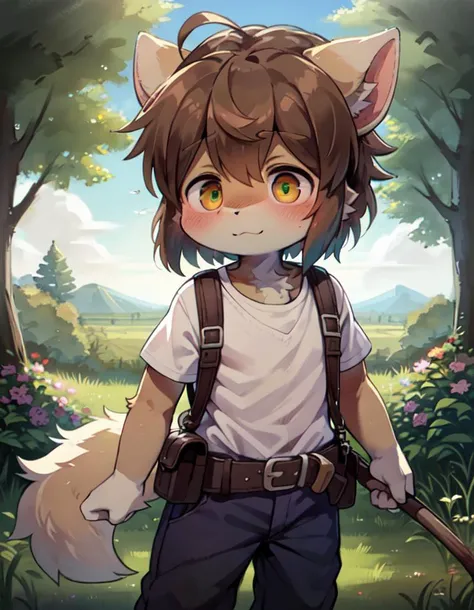 ((solo)), charming scene of a (Anthro furry) (goat_boy:1.5),(brown_fur:1.5),
The Anthro furry goat boy has a short, messy hairstyle with light brown hair that matches the color of his fur. His fur is soft, fluffy, and creamy white with light brown spots on his arms and legs. He has small, round ears with light brown tufts of fur on the tips. His big, clear eyes are a light shade of blue and have a noticeable sparkle to them, giving him an innocent and charming expression.
His hands have soft, white fur on the back and light brown pads on the palms with short, blunt claws that are perfect for gripping his cane. He is standing on a lush green hill with a clear blue sky in the background, and there are small wildflowers scattered around him. His shepherd's outfit consists of a light brown tunic, brown pants, and brown boots. He has a brown belt around his waist that holds his cane and a small pouch for his belongings.
As he stands on the hill, he looks out into the distance, lost in thought, with a gentle smile on his face. The warm soft lighting gives him a gentle and tranquil appearance, and the Stable Diffusion AI captures every detail, from the softness of his fur to the intricate details of his outfit.
(fluffy_goat_hooves), (goat_horn),fluffy_litte_goat_tail,standing on a hill, overlooking a valley, detailed_fluffy_fur,tuft,(body_fur),oil_skin,(skin_with_fluffy_fur),(animal_nose),animal_ear_fluff,fluffy_paws,pawpads,animal_hand,flowers, ((cute, innocent, detailed face, big round eyes)), warm soft lighting, 8k, SFW, spring, serene, hires, dressed in a shepherd's outfit with a straw hat and a cane, standing with one leg crossed over the other, looking at something in the distance, while holding the cane with one hand and the hat with the other, as if lost in thought. <lora:furryArtStyleBy_v10:0.55>