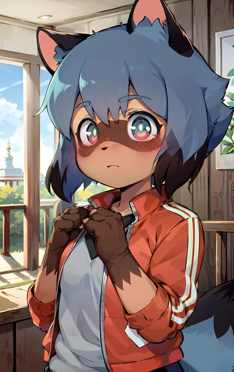 <lora:MichiruV2.1:1>, raccoon girl, solo, furry,furry female, michiru_kagemori, blue hair,short hair, multicolored eyes, animal nose,triangle shaped nose, animal ears, (tail), [bushy tail:0.7], two tone skin, brown colored hands, red jacket, <lora:art_by_dagasi:0.6>, art by dagasi,