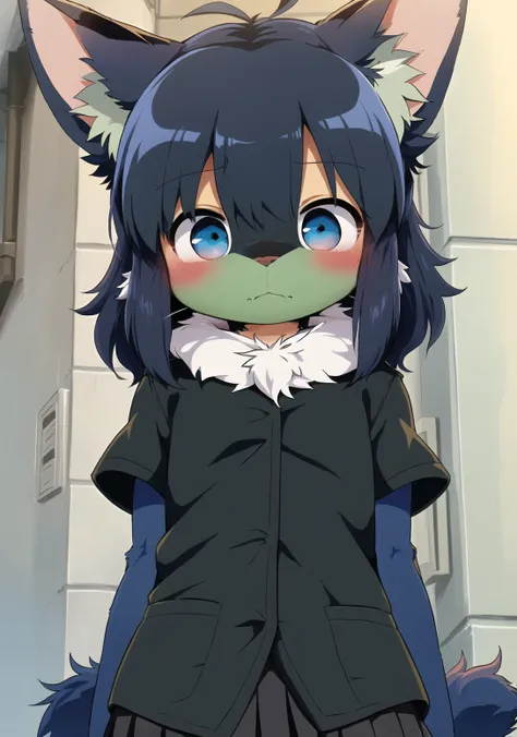 art by dagasi, (((best quality))), solo, standing, (from below), (upper body close-up), (furry), cat ears, long hair, blue eyes, ((black fur)), ((body fur)), (smooth fur), (student uniform), (short skirt), flat chest, fluffy tail, blush, (:3), (on street),