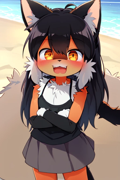 art by dagasi, (((best quality))), solo, standing, (from above), (upper body focus), (furry), cat ears, long hair, (black fur), (body fur), (smooth fur), (summer skirt), flat chest, fluffy tail, [blush], open mouth smile, (on beach), ray tracing, chiaroscuro,