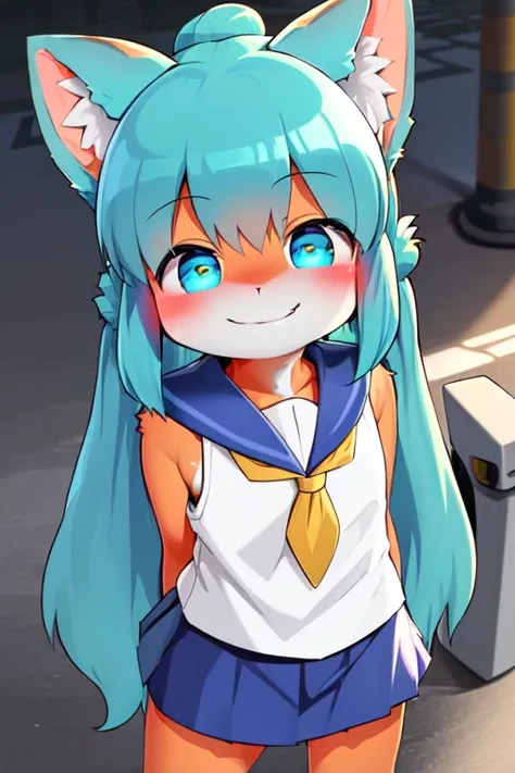 art by dagasi, (((best quality))), solo, standing, (from above), (upper body focus), (furry), cat ears, long hair, ((pure cyan fur)), (body fur), (smooth fur), (sailor uniform), (short skirt), flat chest, fluffy tail, blush, (smile), (on street), ray tracing, chiaroscuro,