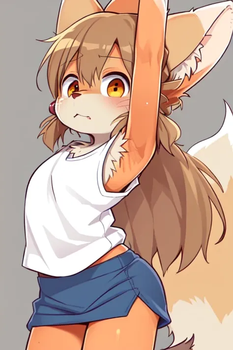 art by dagasi, (((best quality))), solo, standing, (upper body close-up), (furry), fox ears, long hair, ((beige fur)), ((body fur)), (smooth fur), (T-shirt), (sport skirt), flat chest, fluffy tail, after sport, sweat, perspiration, gasp,
