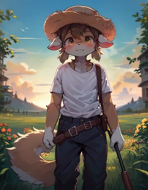 ((solo)), charming scene of a (Anthro furry) (goat_boy:1.5),(brown_fur:1.5),
The Anthro furry goat boy has a short, messy hairstyle with light brown hair that matches the color of his fur. His fur is soft, fluffy, and creamy white with light brown spots on his arms and legs. He has small, round ears with light brown tufts of fur on the tips. His big, clear eyes are a light shade of blue and have a noticeable sparkle to them, giving him an innocent and charming expression.
His hands have soft, white fur on the back and light brown pads on the palms with short, blunt claws that are perfect for gripping his cane. He is standing on a lush green hill with a clear blue sky in the background, and there are small wildflowers scattered around him. His shepherd's outfit consists of a light brown tunic, brown pants, and brown boots. He has a brown belt around his waist that holds his cane and a small pouch for his belongings.
As he stands on the hill, he looks out into the distance, lost in thought, with a gentle smile on his face. The warm soft lighting gives him a gentle and tranquil appearance, and the Stable Diffusion AI captures every detail, from the softness of his fur to the intricate details of his outfit.
(fluffy_goat_hooves), (goat_horn),fluffy_litte_goat_tail,standing on a hill, overlooking a valley, detailed_fluffy_fur,tuft,(body_fur),oil_skin,(skin_with_fluffy_fur),(animal_nose),animal_ear_fluff,fluffy_paws,pawpads,animal_hand,flowers, ((cute, innocent, detailed face, big round eyes)), warm soft lighting, 8k, SFW, spring, serene, hires, dressed in a shepherd's outfit with a straw hat and a cane, standing with one leg crossed over the other, looking at something in the distance, while holding the cane with one hand and the hat with the other, as if lost in thought. <lora:furryArtStyleBy_v10:1:0,0,0,0,0,0,0,0,1,1,1,1,0,0,0,0,0>