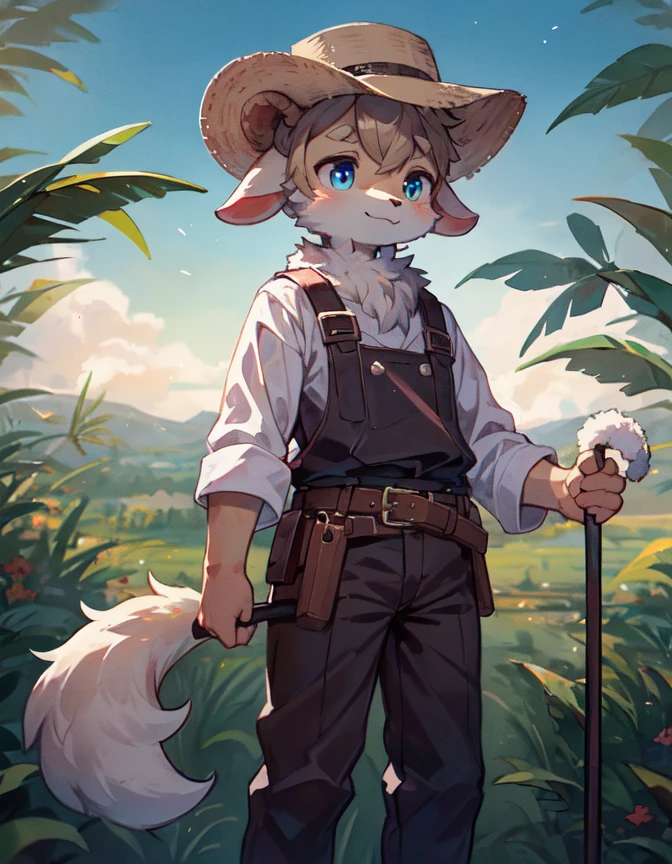 ((solo)), charming scene of a (Anthro furry) (goat_boy:1.5),(brown_fur:1.5),
The Anthro furry goat boy has a short, messy hairstyle with light brown hair that matches the color of his fur. His fur is soft, fluffy, and creamy white with light brown spots on his arms and legs. He has small, round ears with light brown tufts of fur on the tips. His big, clear eyes are a light shade of blue and have a noticeable sparkle to them, giving him an innocent and charming expression.
His hands have soft, white fur on the back and light brown pads on the palms with short, blunt claws that are perfect for gripping his cane. He is standing on a lush green hill with a clear blue sky in the background, and there are small wildflowers scattered around him. His shepherd's outfit consists of a light brown tunic, brown pants, and brown boots. He has a brown belt around his waist that holds his cane and a small pouch for his belongings.
As he stands on the hill, he looks out into the distance, lost in thought, with a gentle smile on his face. The warm soft lighting gives him a gentle and tranquil appearance, and the Stable Diffusion AI captures every detail, from the softness of his fur to the intricate details of his outfit.
(fluffy_goat_hooves), (goat_horn),fluffy_litte_goat_tail,standing on a hill, overlooking a valley, detailed_fluffy_fur,tuft,(body_fur),oil_skin,(skin_with_fluffy_fur),(animal_nose),animal_ear_fluff,fluffy_paws,pawpads,animal_hand,flowers, ((cute, innocent, detailed face, big round eyes)), warm soft lighting, 8k, SFW, spring, serene, hires, dressed in a shepherd's outfit with a straw hat and a cane, standing with one leg crossed over the other, looking at something in the distance, while holding the cane with one hand and the hat with the other, as if lost in thought.