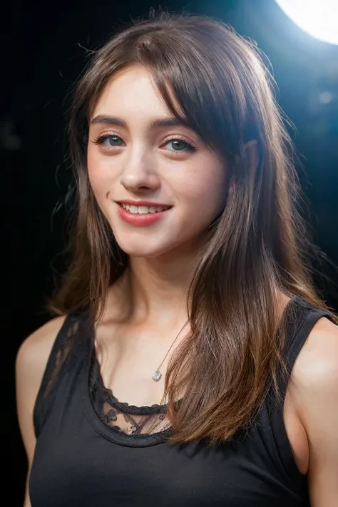 <lyco:Natalia Dyer:1.1>, portrait of skswoman, detailed face, happiness , smiling, cute, wearing sexy black tank top, with long chocolate Layered haircut , long hair, background high school epic (photo, studio lighting, hard light, sony a7, 50 mm, matte skin, pores, colors, hyperdetailed, hyperrealistic),