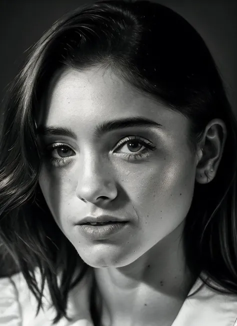 b&w portrait of sexy skswoman, epic (photo, studio lighting, hard light, sony a7, 50 mm, matte skin, pores, colors, hyperdetailed, hyperrealistic), <lyco:Natalia Dyer:1.1>