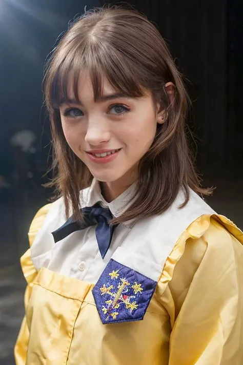 <lyco:Natalia Dyer:1.1>, portrait of skswoman, (full torso shot), happiness , smiling, cute, wearing catholic school girl uniform , with long chocolate Layered haircut , long hair, background high school epic (photo, studio lighting, hard light, sony a7, 50 mm, matte skin, pores, colors, hyperdetailed, hyperrealistic),