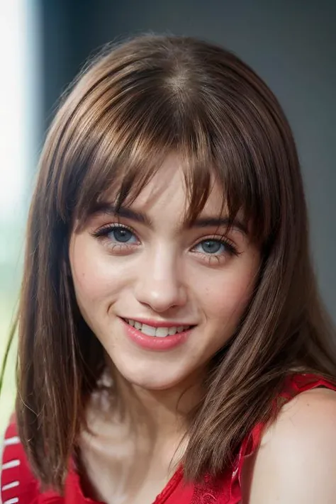 <lyco:Natalia Dyer:1.1>, portrait of skswoman, detailed face, happiness , smiling, cute, wearing tank top, with long chocolate Layered haircut , long hair, background high school epic (photo, studio lighting, hard light, sony a7, 50 mm, matte skin, pores, colors, hyperdetailed, hyperrealistic),