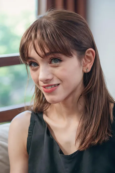 <lyco:Natalia Dyer:1.3>, portrait of skswoman, detailed face, facing forward, happiness , smiling, cute, wearing sexy black tank top, with long chocolate Layered haircut , long hair, background high school epic (photo, rimlight, hard light, sony a7, 50 mm, matte skin, pores, colors, hyperdetailed, hyperrealistic),