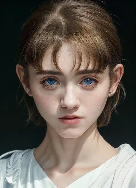 A close up of a woman with blue eyes and a white shirt - SeaArt AI