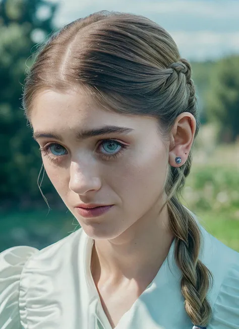 portrait of skswoman, depressed , wearing suit , with Fishtail braid , background fantasy city outdoors, a magic portal to a fantasy world, landscape with Visual Weight, epic (photo, studio lighting, hard light, sony a7, 50 mm, matte skin, pores, colors, hyperdetailed, hyperrealistic), <lyco:Natalia Dyer:1.2>