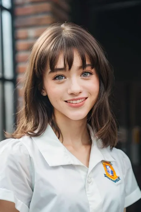 <lyco:Natalia Dyer:1.1>, portrait of skswoman, (full torso shot), happiness , smiling, cute, wearing catholic school girl uniform , with long chocolate Layered haircut , long hair, background high school epic (photo, studio lighting, hard light, sony a7, 50 mm, matte skin, pores, colors, hyperdetailed, hyperrealistic),