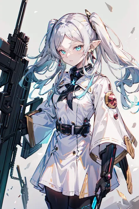 <lora:mecha&weapongirl:0.9> armed girl, mecha_musume, mecha girl,  <lora:Frieren:0.7>  FrierenBase, twintails, earrings, white capelet, striped shirt, white skirt, long sleeves, belt, black pantyhose ,, ultra detailed, masterpiece, best quality, aesthetic, detailed,