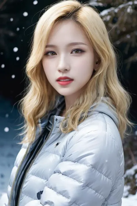 masterpiece, best quality, ultra-detailed, ultra high res, (photorealistic:1.4), raw photo, (realistic:0.2), CG, {4k|8k} HDR, perfect lighting, 1girl, solo, looking at viewer, (winter clothes, padded jacket), outdoor, snow, snowflakes, night, aurora sky, red lips, upper body, asymmetrical wavy long hair, (detailed oily skin), (detailed background :1.1),