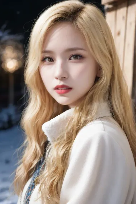 masterpiece, best quality, ultra-detailed, ultra high res, (photorealistic:1.4), raw photo, (realistic:0.2), CG, {4k|8k} HDR, perfect lighting, 1girl, solo, looking at viewer, winter clothes, outdoor, snow, snowflakes, night, aurora sky, red lips, upper body, asymmetrical wavy long hair, (detailed oily skin, medium breasts:0.65), (detailed background :1.1),