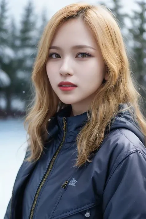 masterpiece, best quality, ultra-detailed, ultra high res, (photorealistic:1.4), raw photo, (realistic:0.2), CG, {4k|8k} HDR, perfect lighting, 1girl, solo, looking at viewer, winter clothes, padded jacket, outdoor, snow, snowflakes, night, aurora sky, red lips, upper body, asymmetrical wavy long hair, (detailed oily skin, medium breasts:0.65), (detailed background :1.1),