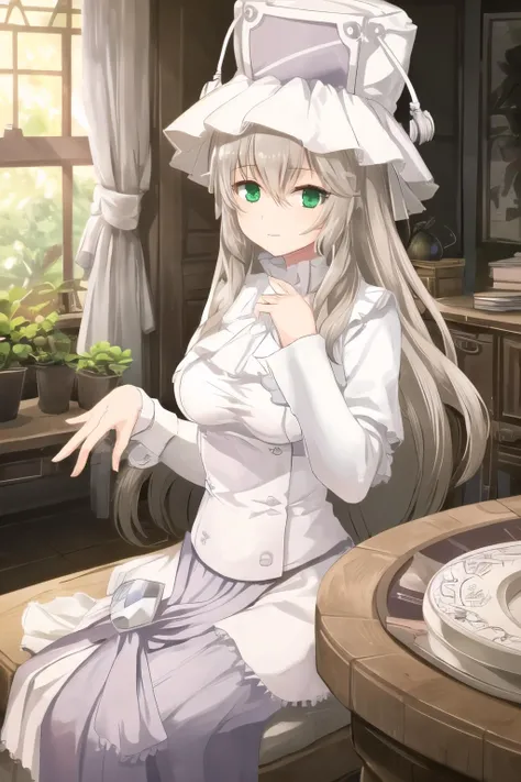 masterpiece, best quality, ultra-detailed, pmmmorikomagi, green eyes, blonde hair, white dress, shield on hip, white hat, 1girl, sitting