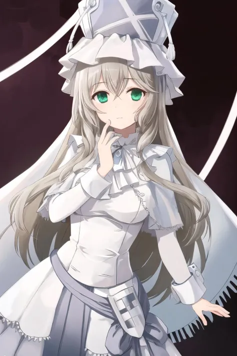 masterpiece, best quality, ultra-detailed, pmmmorikomagi, green eyes, blonde hair, white dress, shield on hip, white hat, 1girl,