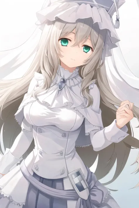 masterpiece, best quality, ultra-detailed, pmmmorikomagi, green eyes, blonde hair, white dress, shield on hip, white hat, 1girl,