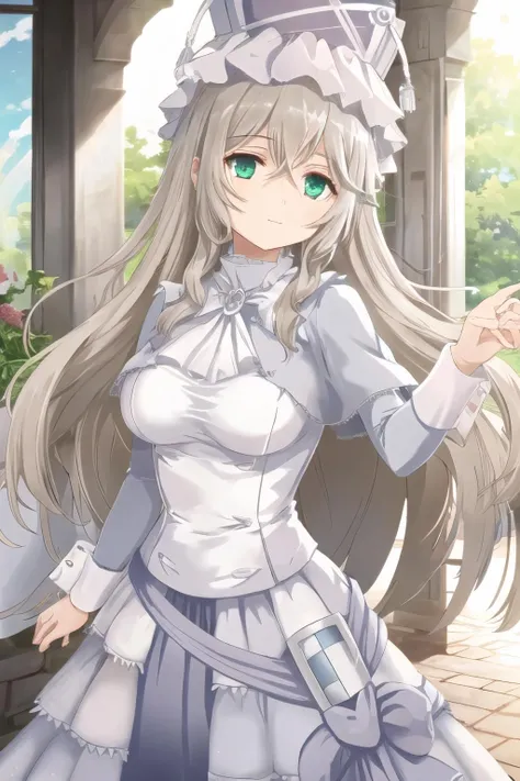 masterpiece, best quality, ultra-detailed, pmmmorikomagi, green eyes, blonde hair, white dress, shield on hip, white hat, 1girl,