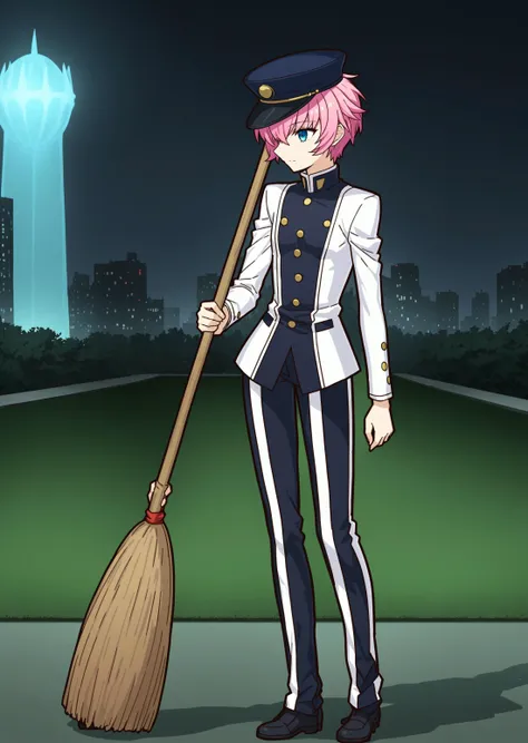 masterpiece, best quality, absurdres, incredibly absurdres, 1girl, solo, bishounen, TenjouUtena, fgo sprite, full body, standing, utena's cap, tilted headwear, utena's uniform, flat chest, utena's pants, holding broom, outdoors, glowing palace, on ground, garden, cityscape, night sky, <lora:Utena-anxl31-000049:0.5>, <lora:fgo_sprites_xl_lora:1>,