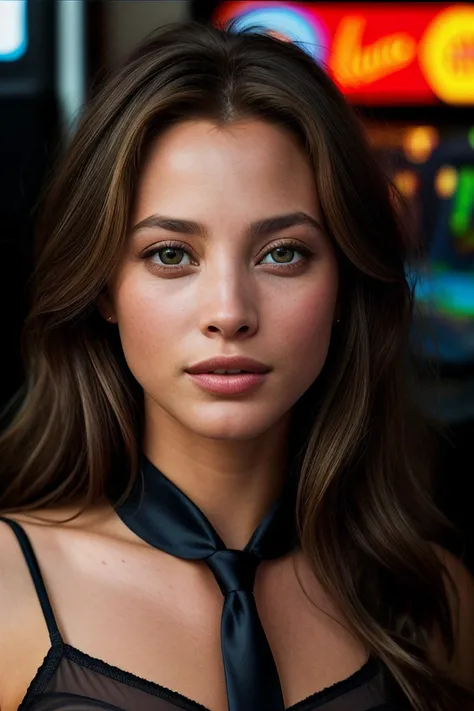 beautiful woman (EPChr1styTurl1ngt0n:.99), perfect hair, jewellery, ((portrait)), (closeup:1.2), ((from the waist up)), ((( arcade :1.2 ))), natural skin texture, (( Silk Camisole :1.2)), (( Silk Necktie:1.2)), 24mm, 4k textures, soft cinematic light, adobe lightroom, photolab, hdr, intricate, elegant, highly detailed, sharp focus, ((((cinematic look)))), soothing tones, insane details, intricate details, hyperdetailed, low contrast, soft cinematic light, exposure blend, hdr, faded, now, ("I've got a bad feeling about this.":1.1)