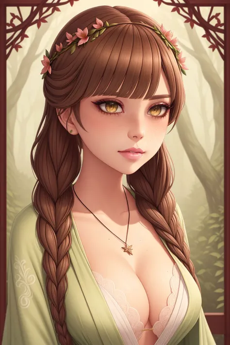 draped in flowing fabric, detailed, intricate, elegant, green sorceress robes, druid, vines, long brown hair, braids, flower crown, brown eyes, forest, looking up, falling leaves, eyeliner, make up, blush, freckles, ulzzang-6500-v1.1, necklace, shawl, wooden staff