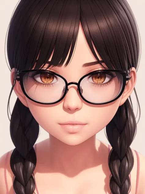 1girl, bangs, black-framed_eyewear, blurry, blurry_background, blurry_foreground, bra, braid, brown_eyes, brown_hair, depth_of_field, eyelashes, focused, glasses, lips, long_hair, looking_at_viewer, motion_blur, single_braid, solo, strap_slip, twin_braids, underwear, close-up, portrait, symmetrical