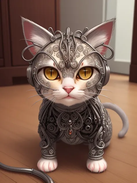 a cute kitten made out of metal, (cyborg:1.1), ([tail | detailed wire]:1.3), (intricate details), hdr, (intricate details, hyperdetailed:1.2), cinematic shot, vignette, centered