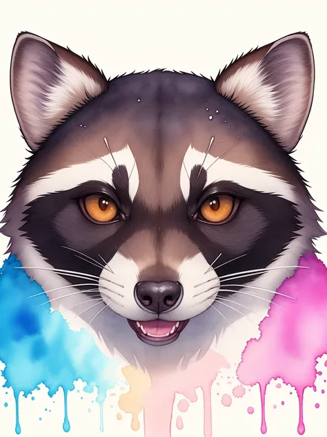 concept art, portrait, watercolor splash splatter raccoon on an isolated white background, highly detailed, colorful, trending in artstation, 8k, very detailed, symmetrical