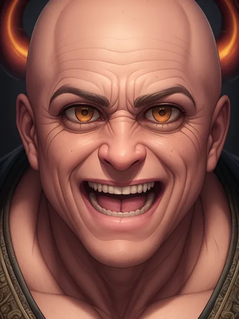 a portrait of a laughing, toxic, muscle, god, elder, (hdr:1.28), bald, hyperdetailed, cinematic, warm lights, intricate details, hyperrealistic, dark radial background, (muted colors:1.38), (neutral colors:1.2)