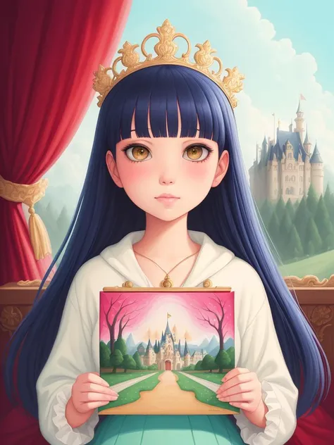 a painting of a girl with a castle in her hands, poster art by Hikari Shimoda, featured on pixiv, pop surrealism, whimsical, rococo, maximalist