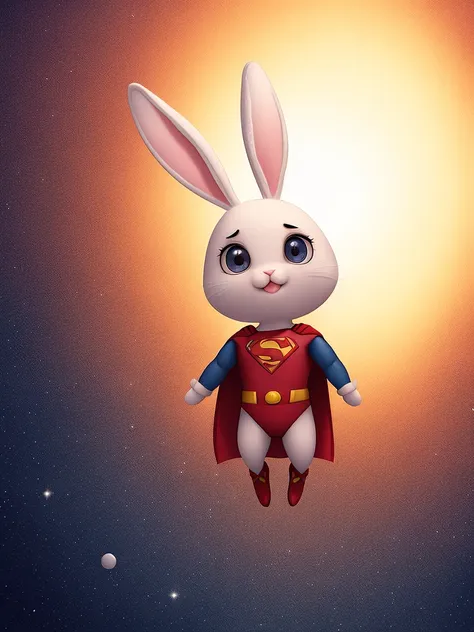 Pixar Style, 3d, Tiny cute and adorable bunny superman, floating through space, jean - baptiste monge , anthropomorphic , dramatic lighting