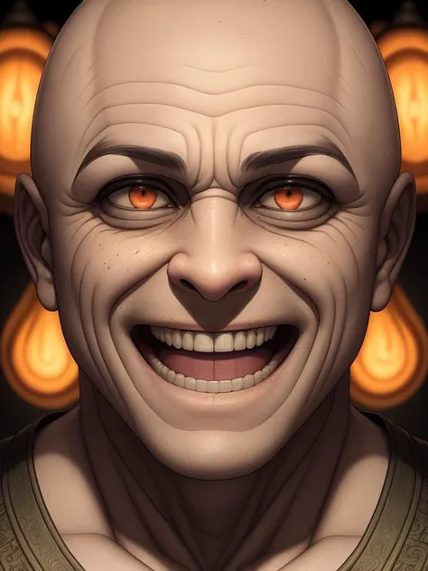 a portrait of a laughing, toxic, muscle, god, elder, (hdr:1.28), bald, hyperdetailed, cinematic, warm lights, intricate details, hyperrealistic, dark radial background, (muted colors:1.38), (neutral colors:1.2)