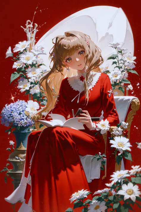 1girl, solo, flower, long hair, looking at viewer, white flower, sitting, red background, book, vase, long sleeves, bottle, blonde hair, bangs, holding, head tilt, red dress, dress, shiny, glowing, overexposure, light particles, sunlight, sparkle,