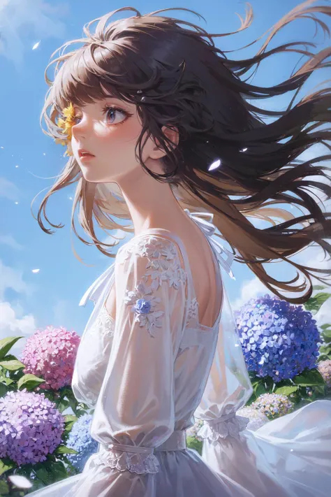 masterpiece, best quality, extremely detailed, detailed background, detailed face, from side, 1girl, flower, solo, long hair, dress, blue flower, white dress, sky, water drop, long sleeves, petals, see-through, hydrangea, black hair, cloud, see-through sleeves, floating hair, looking up, blue sky, bangs, outdoors, pink flower, orange flower, sunflower, red flower, wind, shiny, glowing, overexposure, light particles, sunlight, sparkle,