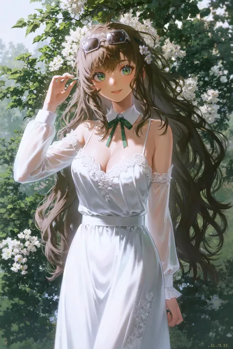 masterpiece, best quality, extremely detailed, detailed background, detailed face, 1girl, solo, flower, eyewear on head, dress, green eyes, sunglasses, long hair, white dress, white flower, looking at viewer, ribbon, breasts, bangs, hand up, hair ribbon, cleavage, brown hair, outdoors, closed mouth, tinted eyewear, green ribbon, standing, long sleeves, dated, black hair, plant, smile, round eyewear, bow, shiny, glowing, overexposure, light particles, sunlight, sparkle,