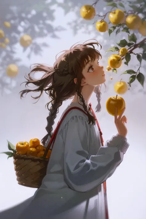 from side, 1girl, fruit, solo, food, brown hair, holding, long hair, braid, holding food, holding fruit, brown eyes, apple, long sleeves, twin braids, outdoors, basket, blurry, looking up, branch, closed mouth, blurry background, tree, hands up, bangs, shiny, glowing, overexposure, light particles, sunlight, sparkle,