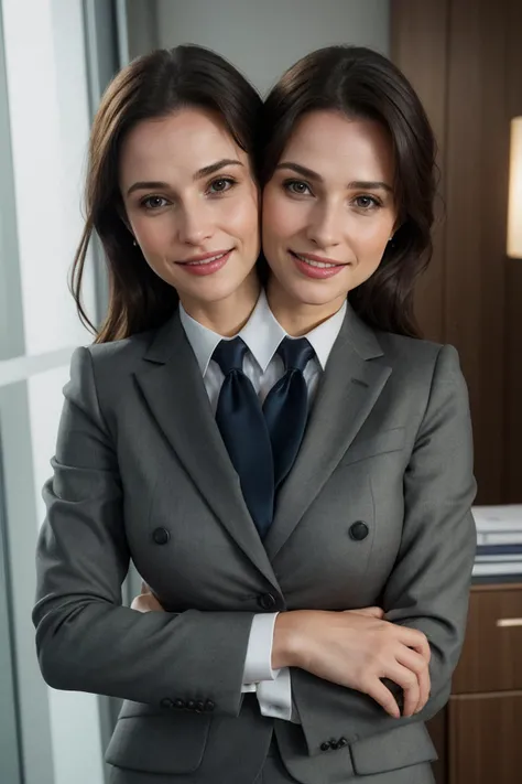 photo portrait of french business woman in office suit posing for a picture,smile,hugging,best quality,4k,8k,ultra hires,realistic,photo realistic,RAW photo,hdr,sharp focus,skin imperfections,masterpiece,hard light,athmospheric,<lora:conjoined_dicephalus:1>,conjoined_dicephalus,(two heads:1.5),