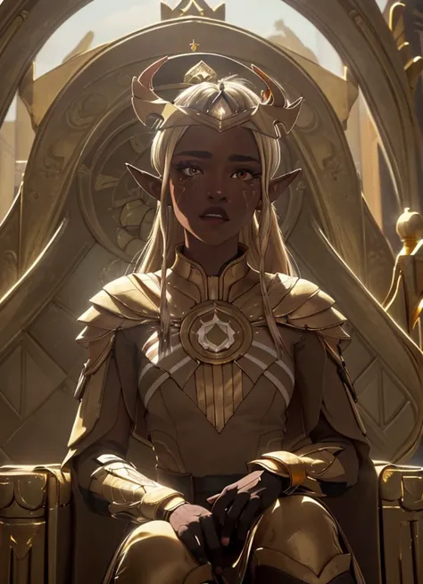 ((masterpiece)), (best quality), official art, extremely detailed CG, unity 8k wallpaper, ultra detailed, highly detailed, detailed background, vivid color, photorealistic, perfect lighting, best illumination, 32k,
S030_EkaterinaShiryaeva, (Khessa, orange eyes, dark skin, elf ears:1.0), (wearing a gold dress:1.5),
(sitting in a throne:1.5), out of frame hands,
white background, plain background, solid color background,
neon lighting, dark romantic lighting, gradients, dynamic pose,
<lora:DragonPrince_Khessa-10:0.5> , prettify, OverallDetail, prettyeyes, SkinDetail, fFaceDetail