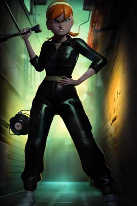 masterpiece, best quality,3d animation, style of pixar, 1girl, april2012, nice face, dynamic shot, dutch angle, cartoon, hair down, light freckles, in dark alley, angry, (black jumpsuit with yellow piping), <lora:april2012:0.8>