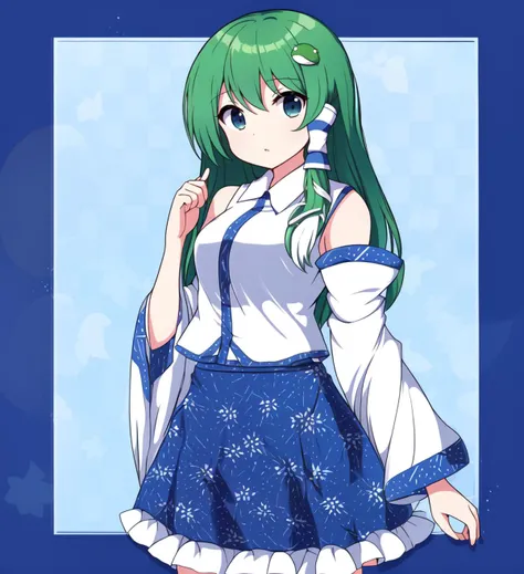 (artwork), (masterpiece), (amazing work), (masterpiece), (extremely detailed CG 8k unit wallpaper), <lora:GoodHands-vanilla:0.8>, <lyco:rizento-15:0.9>, simple background, standing, cowboy shot, border, outside border, blue background, white border, checkered background, kochiya sanae